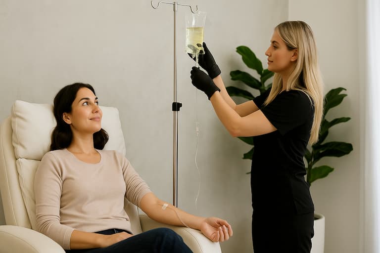 Woman relaxing in a modern med spa treatment room while receiving an NAD⁺ IV drip